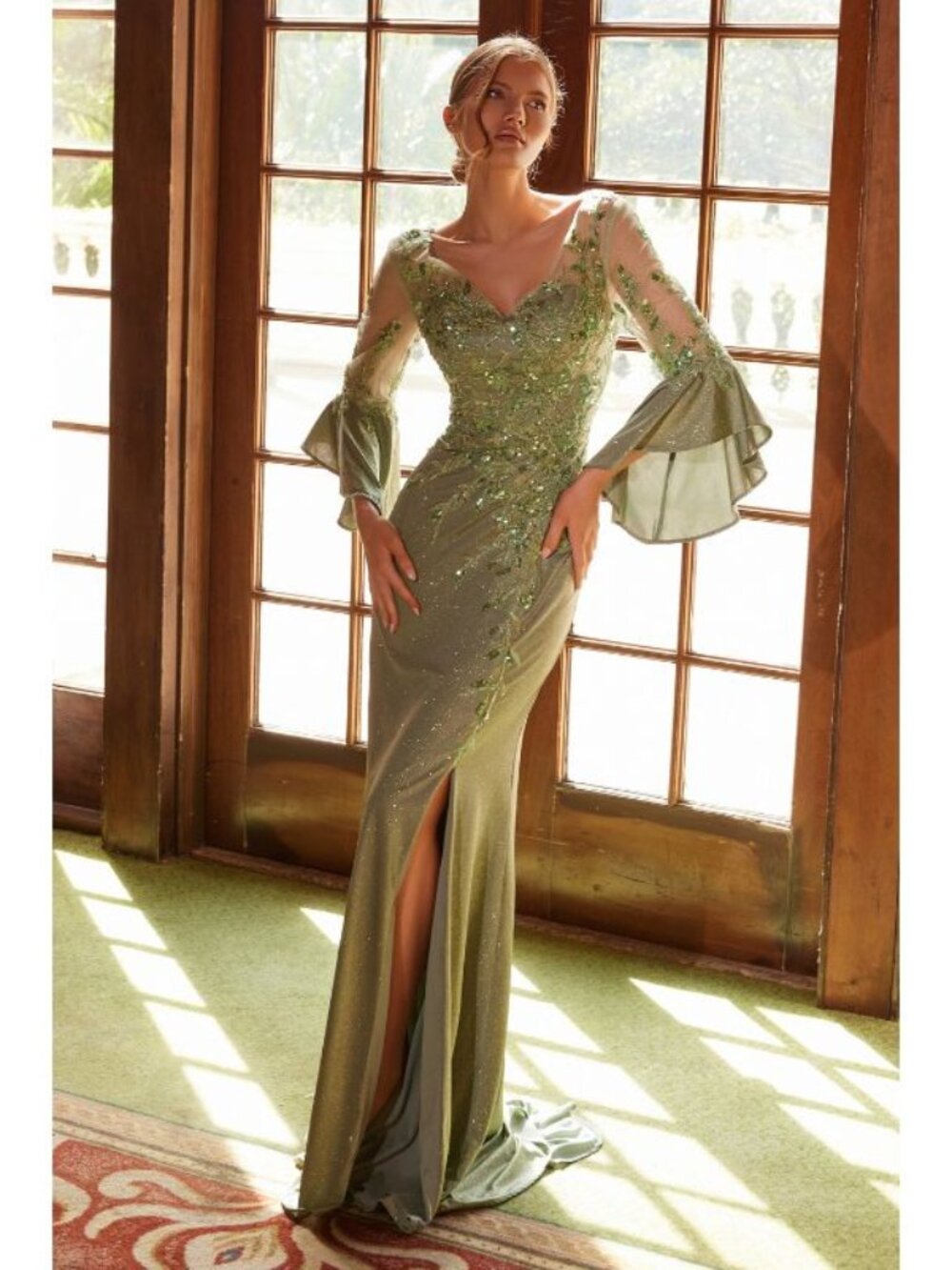 Clearance Elegant Mother of Bride Dress Bell Sleeve Slit Evening Gown By MD129